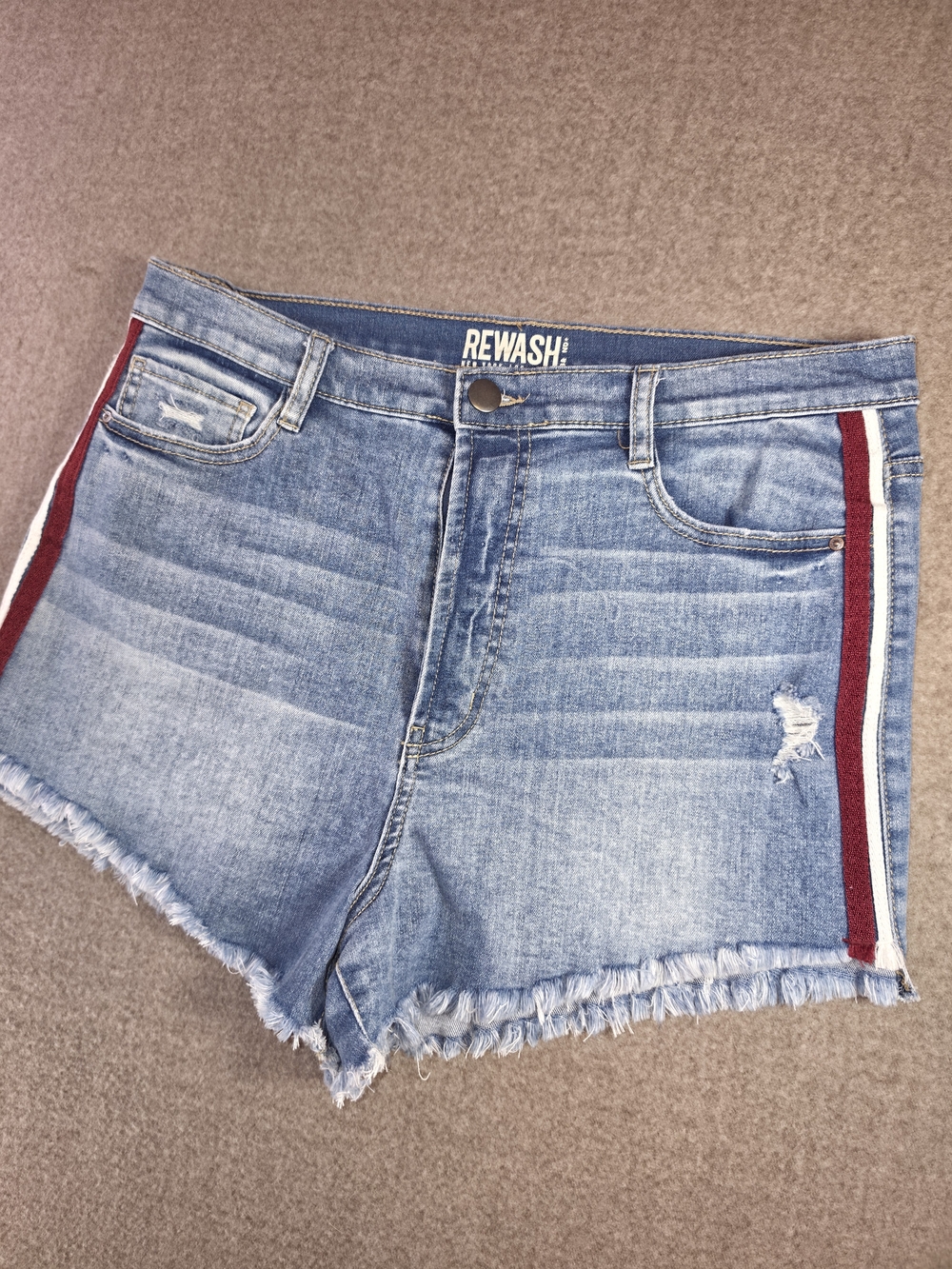 Rewash Light Blue Distressed Denim Shorts with Red & White Side Stripes Wmn 14